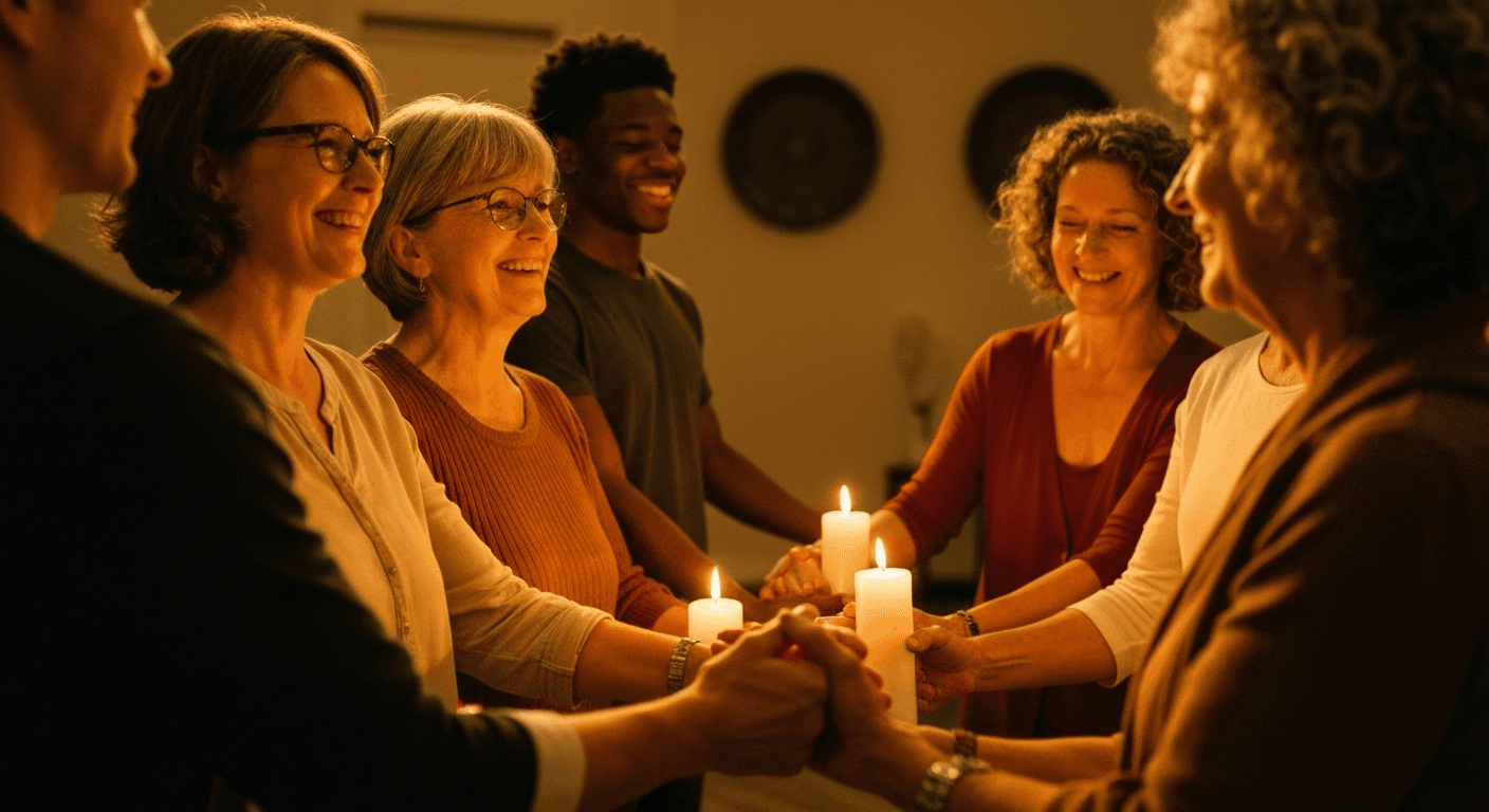 People holding hands in candlelit spiritual circle. People holding hands in candlelit spiritual circle.