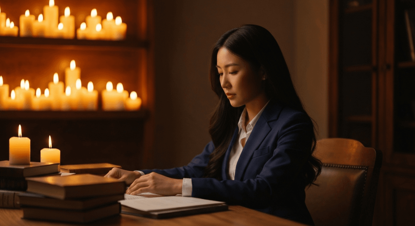Person contemplating at candlelit wooden desk peacefully. Person contemplating at candlelit wooden desk peacefully.