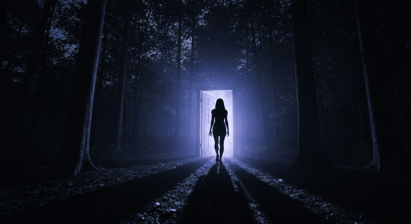Person discovering glowing portal in moonlit forest. Person discovering glowing portal in moonlit forest.
