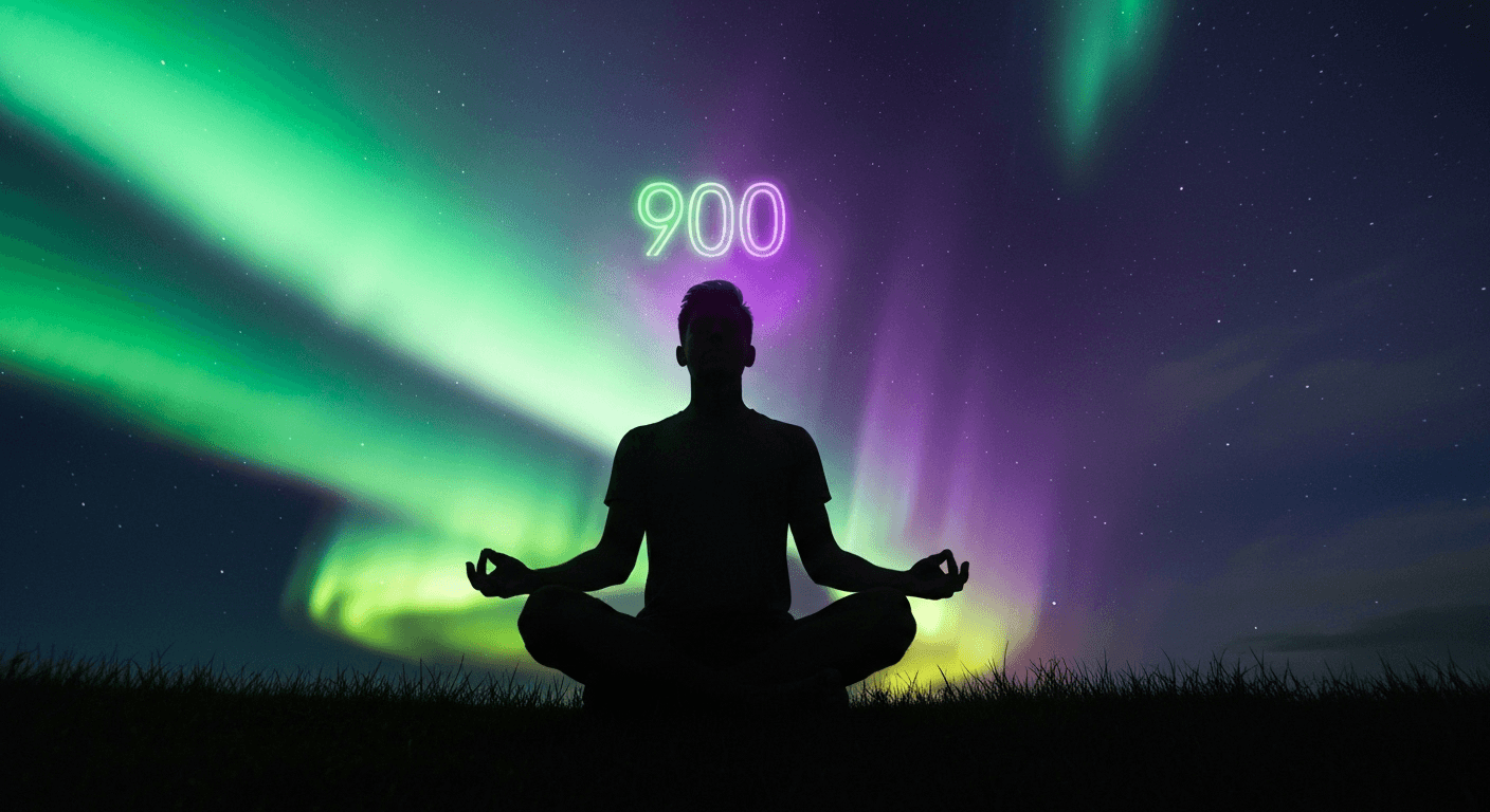 Person meditating under aurora with number 900. Person meditating under aurora with number 900.