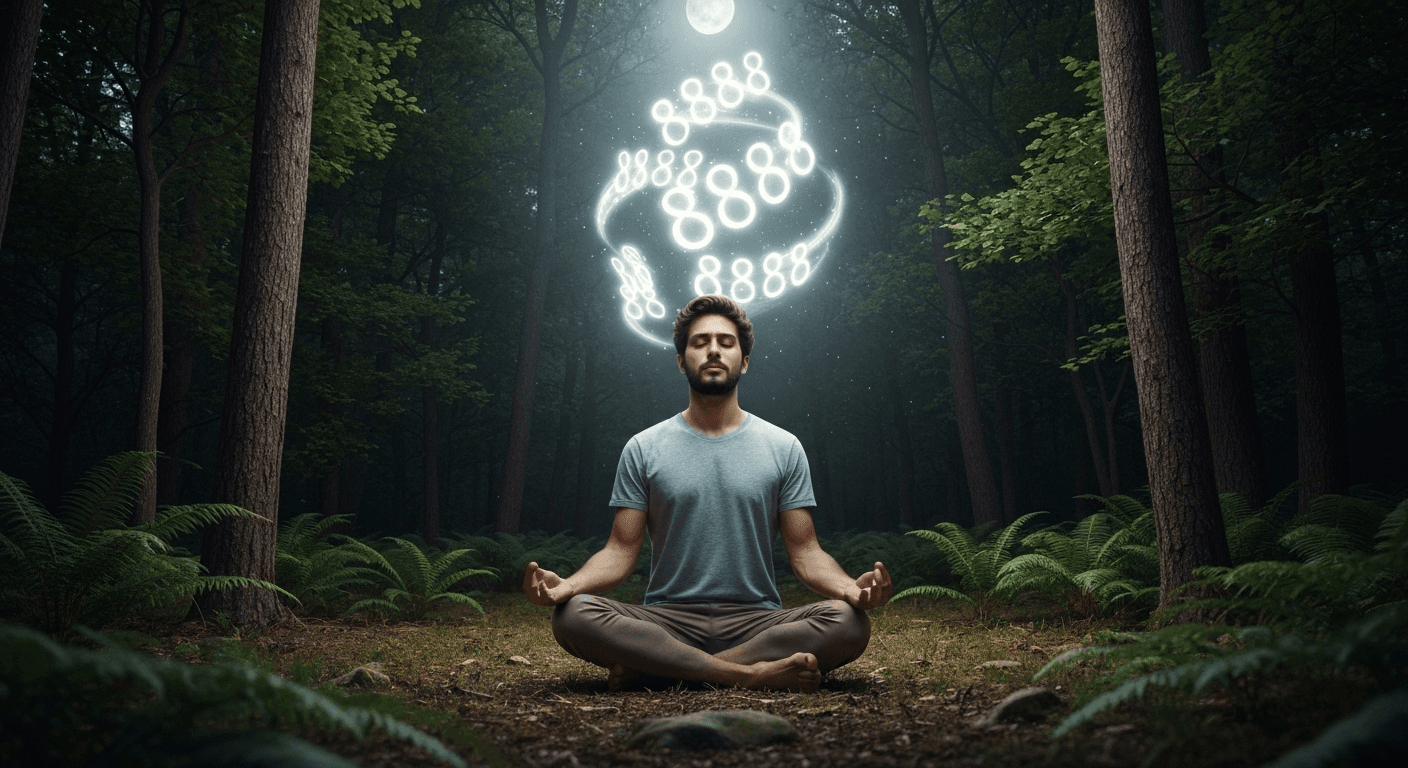 Person meditating under glowing angel numbers 8888. Person meditating under glowing angel numbers 8888.