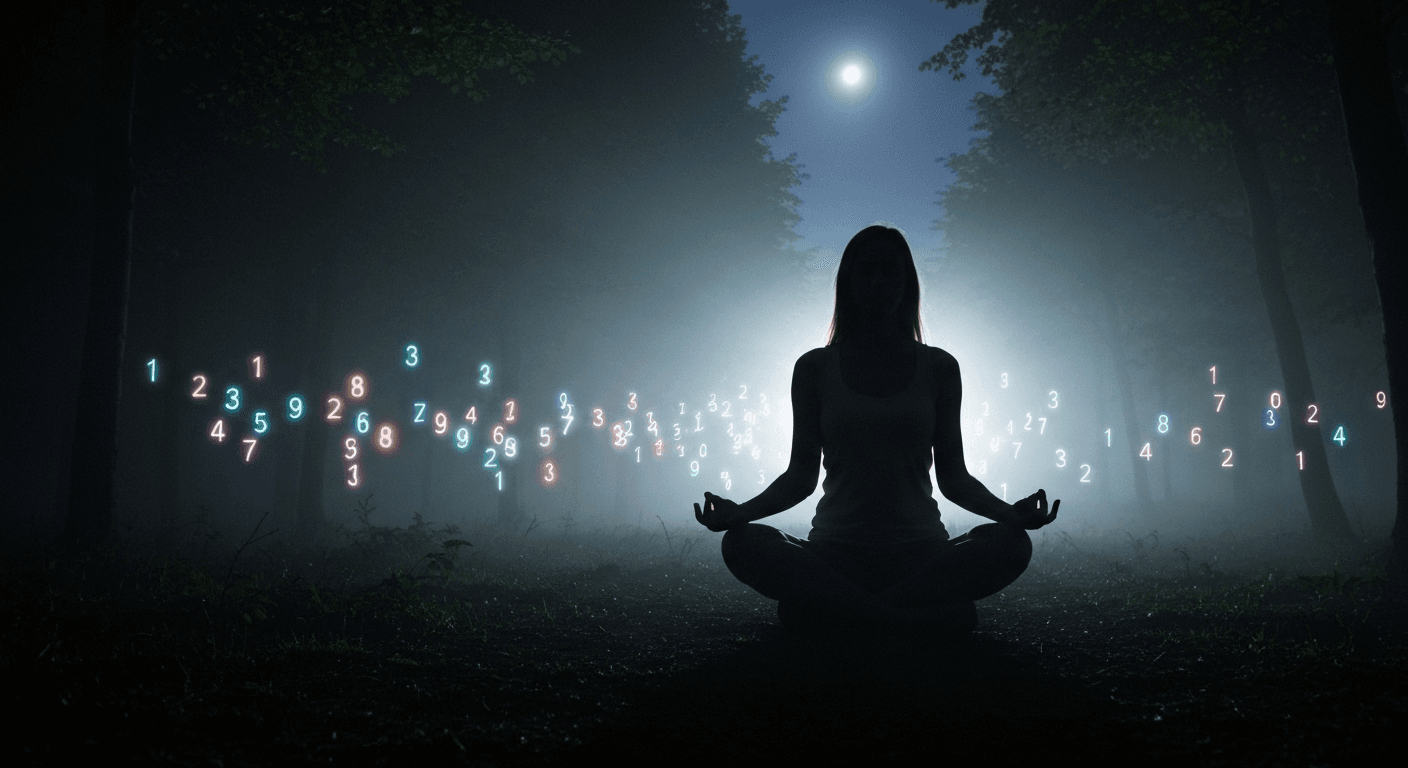 Person meditating under moonlight with glowing numbers. Person meditating under moonlight with glowing numbers.