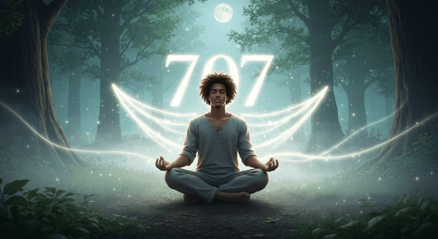 Person meditating with glowing angel number 707. Person meditating with glowing angel number 707.