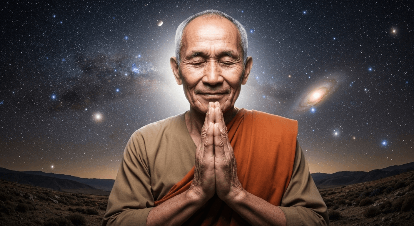 Person praying peacefully under starlit cosmic sky. Person praying peacefully under starlit cosmic sky.
