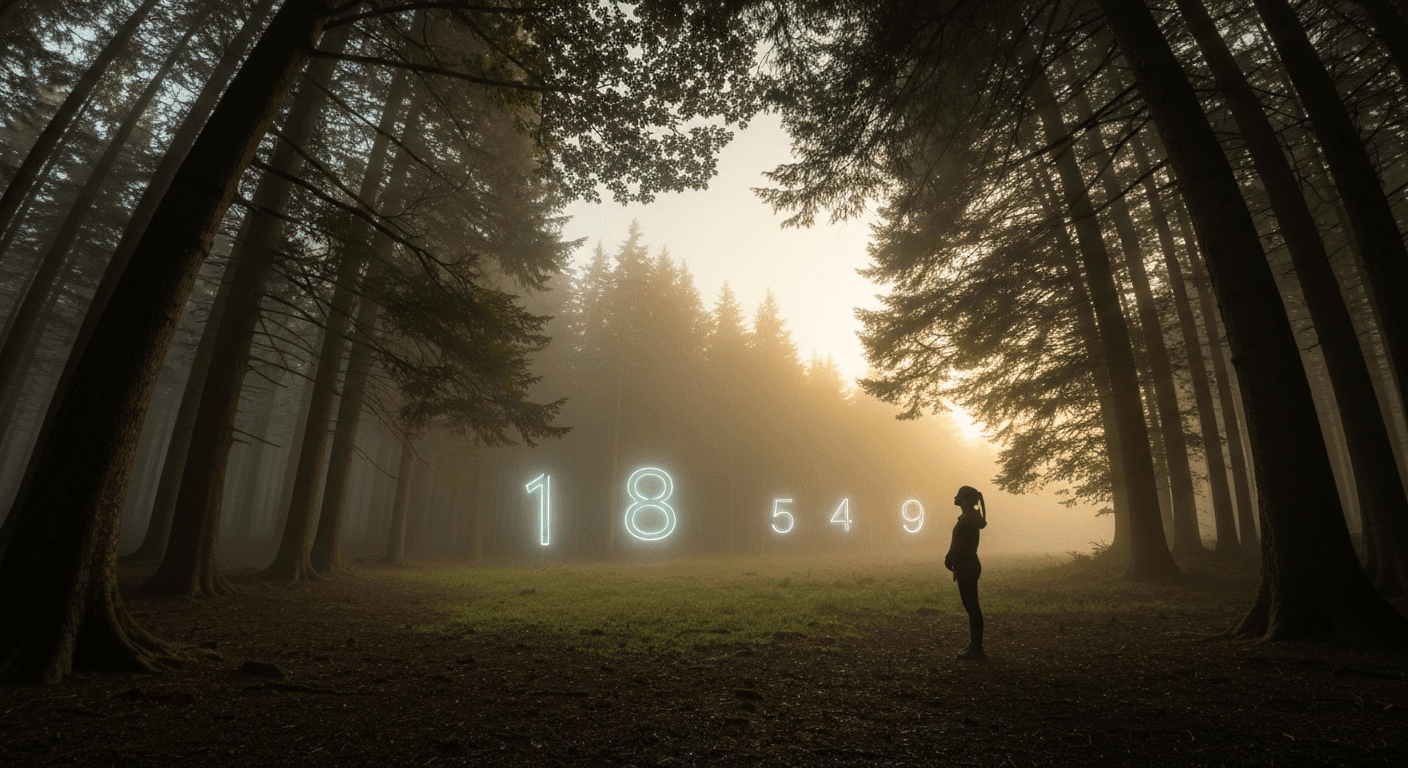 Person silhouetted, bioluminescent numbers in foggy forest. Person silhouetted, bioluminescent numbers in foggy forest.