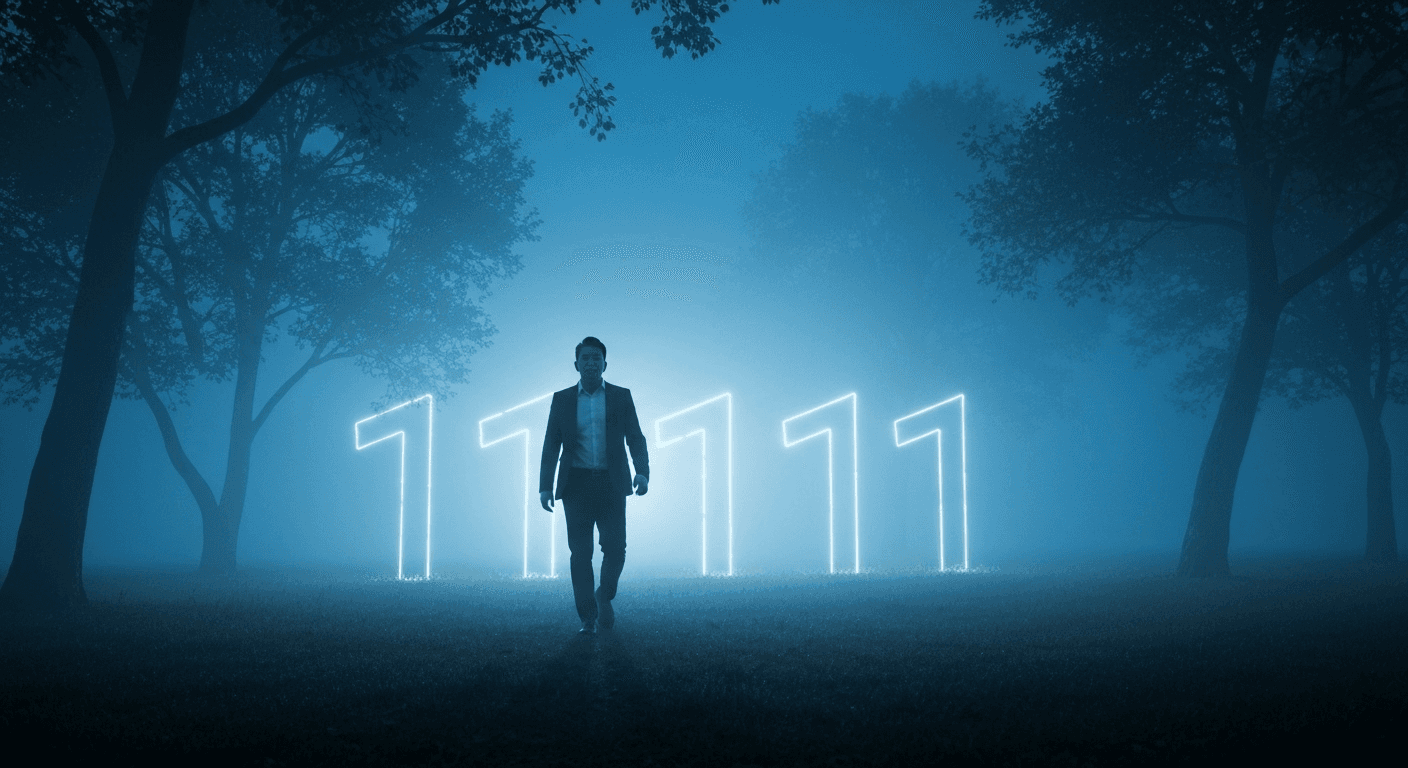 Person walking through moonlit forest with 111. Person walking through moonlit forest with 111.