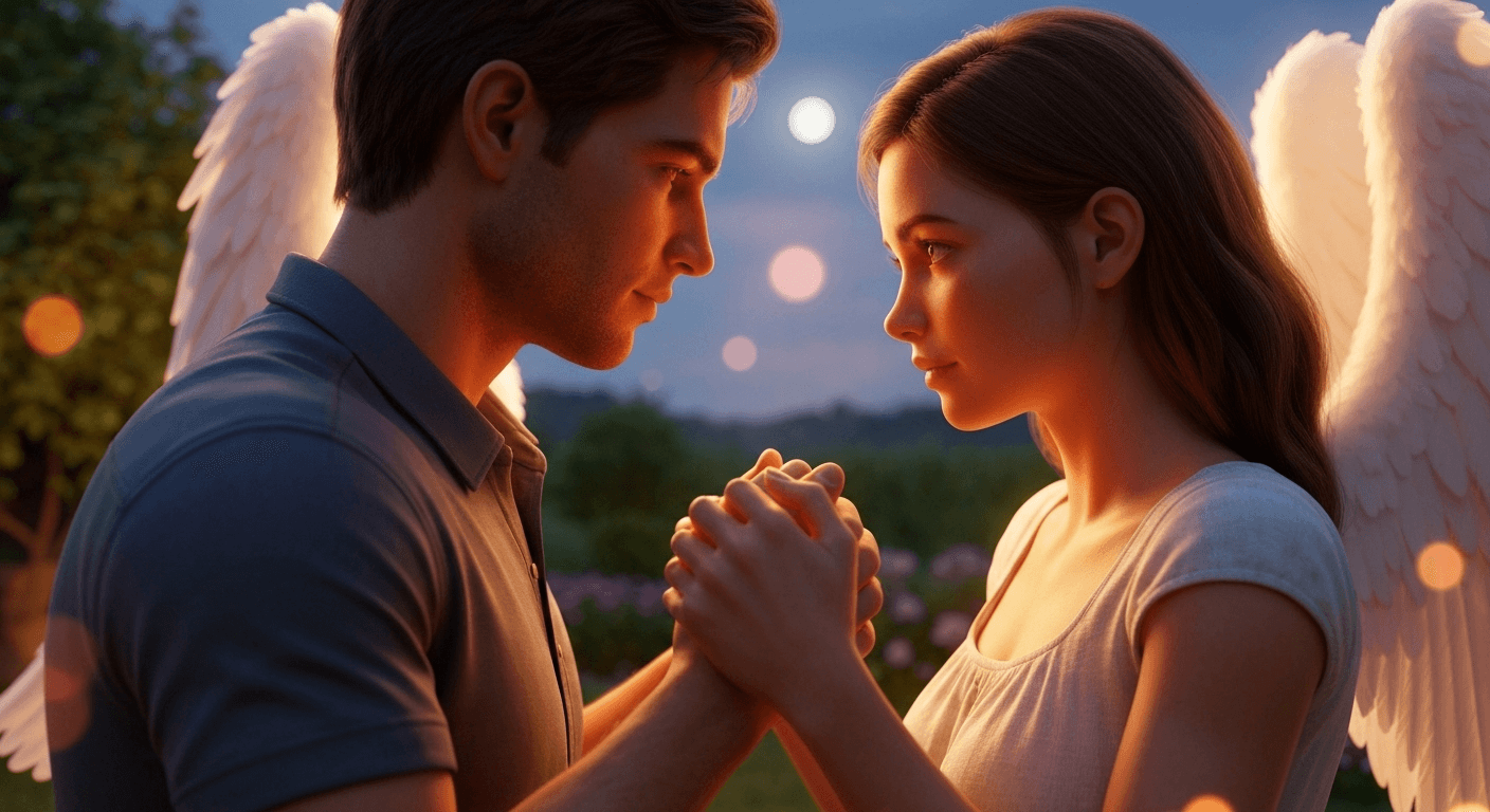 Romantic couple holding hands under moonlight glow. Romantic couple holding hands under moonlight glow.