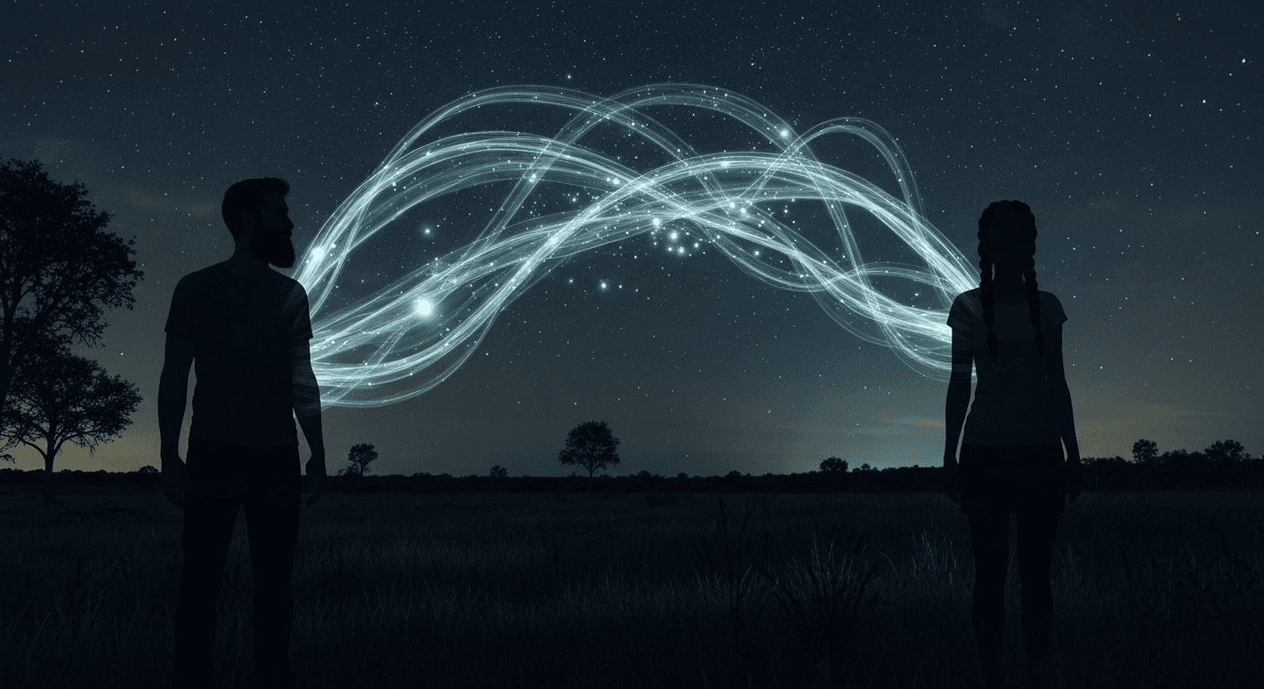 Two silhouettes connected by light streams starry sky. Two silhouettes connected by light streams starry sky.