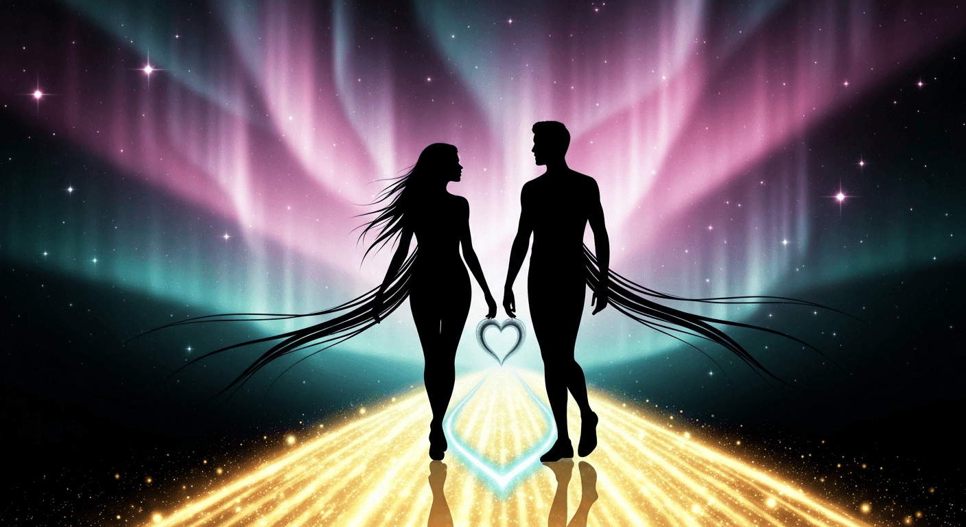 Two silhouettes walking on luminous aurora path. Two silhouettes walking on luminous aurora path.