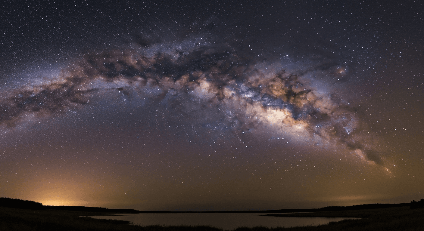 Starlit Milky Way above serene landscape. Starlit Milky Way above serene landscape.