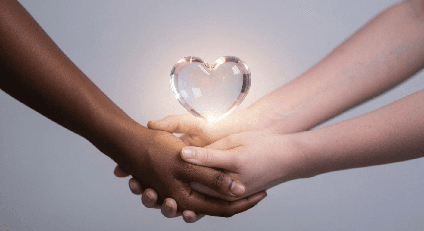 Transparent glass heart floating above cupped hands. Transparent glass heart floating above cupped hands.