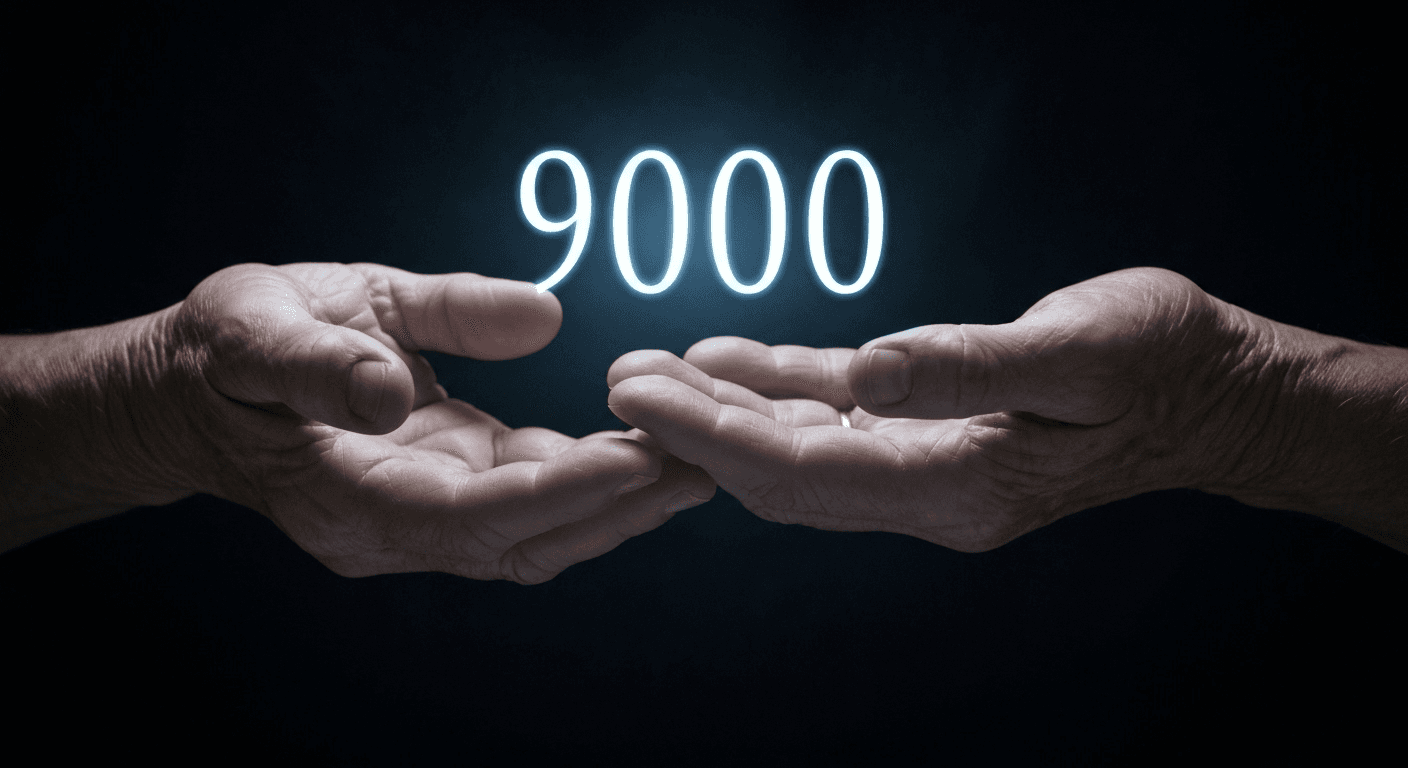 Weathered hands revealing glowing "9000" with spiritual light. Weathered hands revealing glowing "9000" with spiritual light.