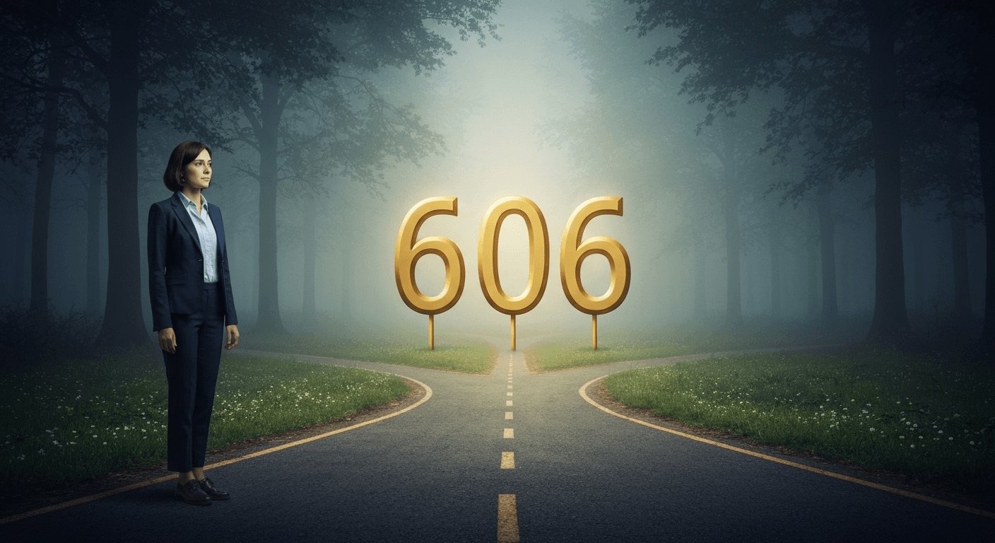 Woman at crossroads, golden 606 numbers floating above. Woman at crossroads, golden 606 numbers floating above.