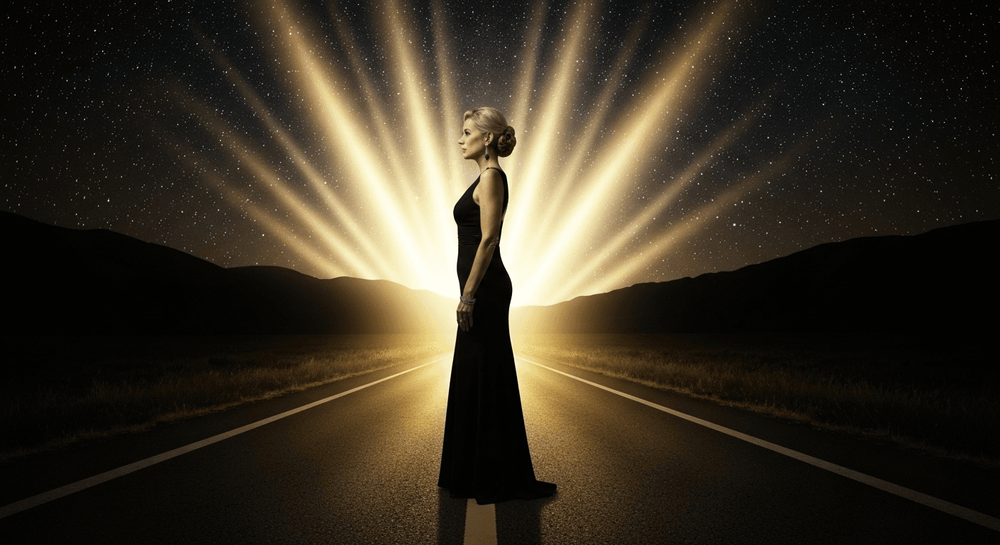 Woman at crossroads under starlit sky transformation. Woman at crossroads under starlit sky transformation.