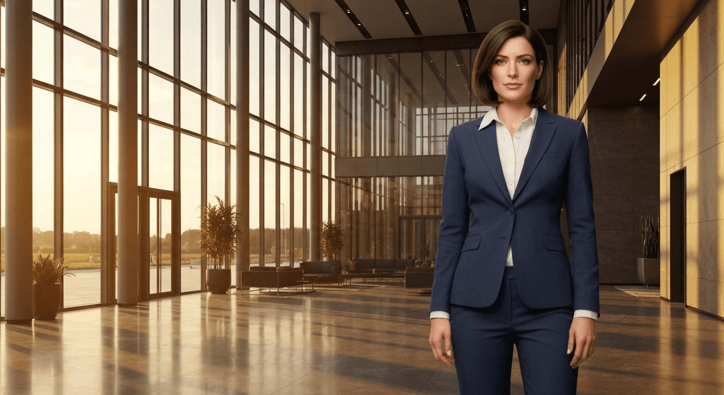 Woman in elegant suit in glass lobby. Woman in elegant suit in glass lobby.