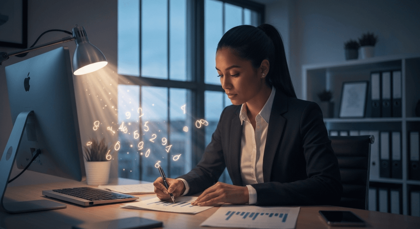 Woman in office with divine light patterns. Woman in office with divine light patterns.
