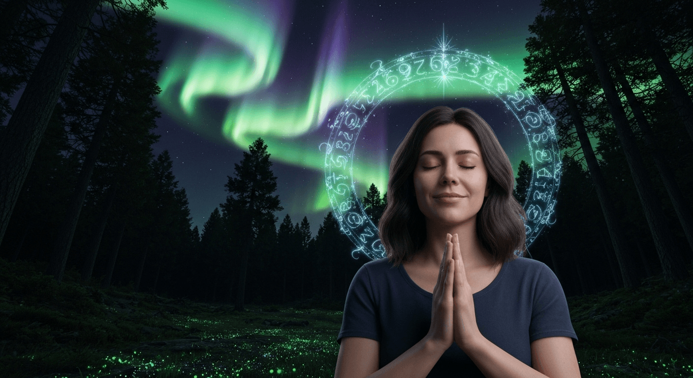 Woman praying beneath aurora borealis divine lights. Woman praying beneath aurora borealis divine lights.