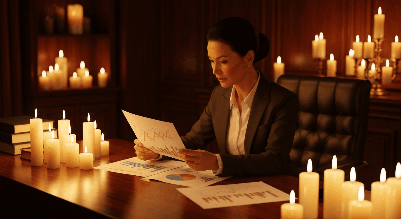 Woman reviewing financial charts by candlelight Woman reviewing financial charts by candlelight