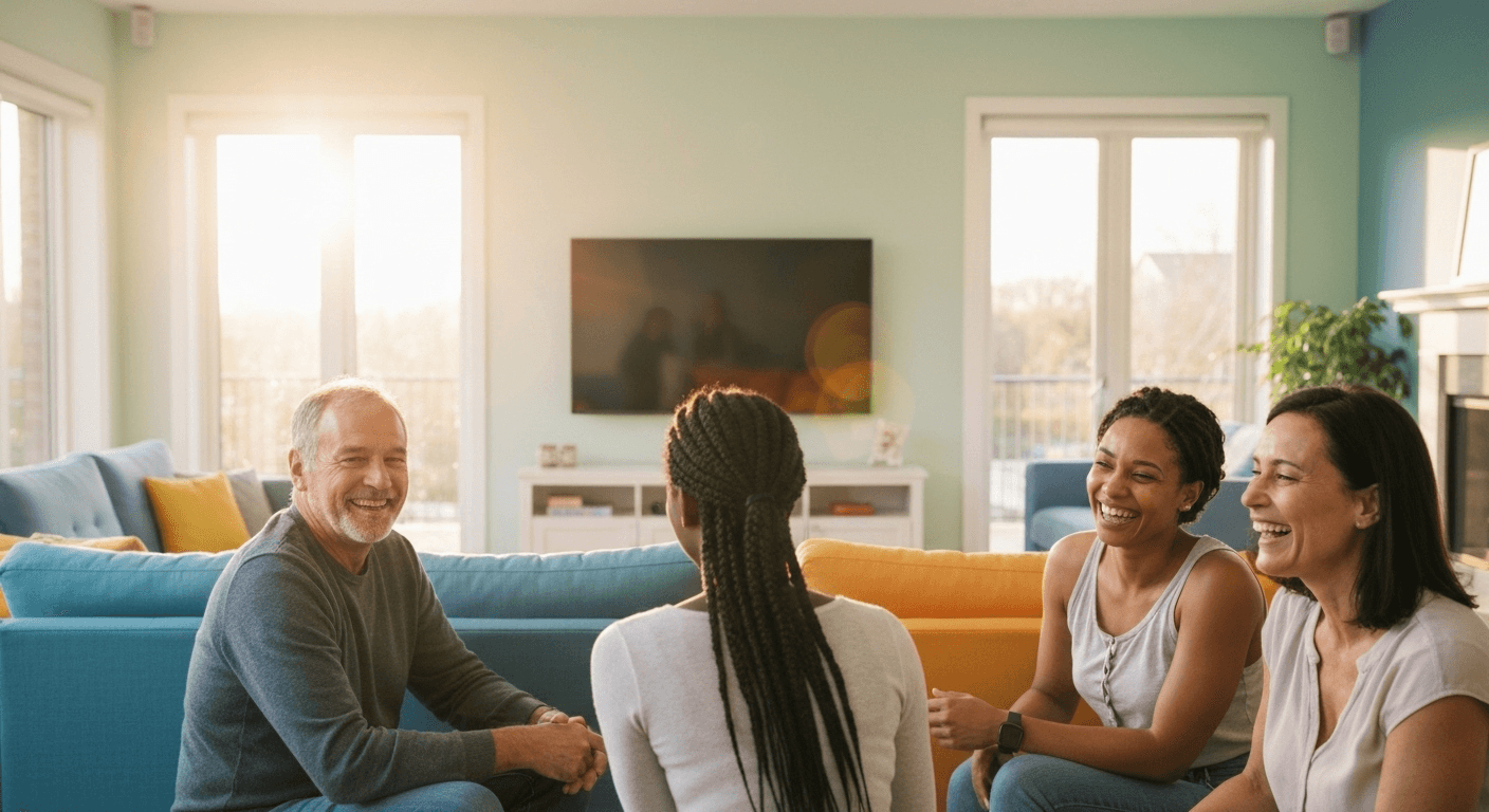 Diverse friends laughing in bright modern living room. Diverse friends laughing in bright modern living room.