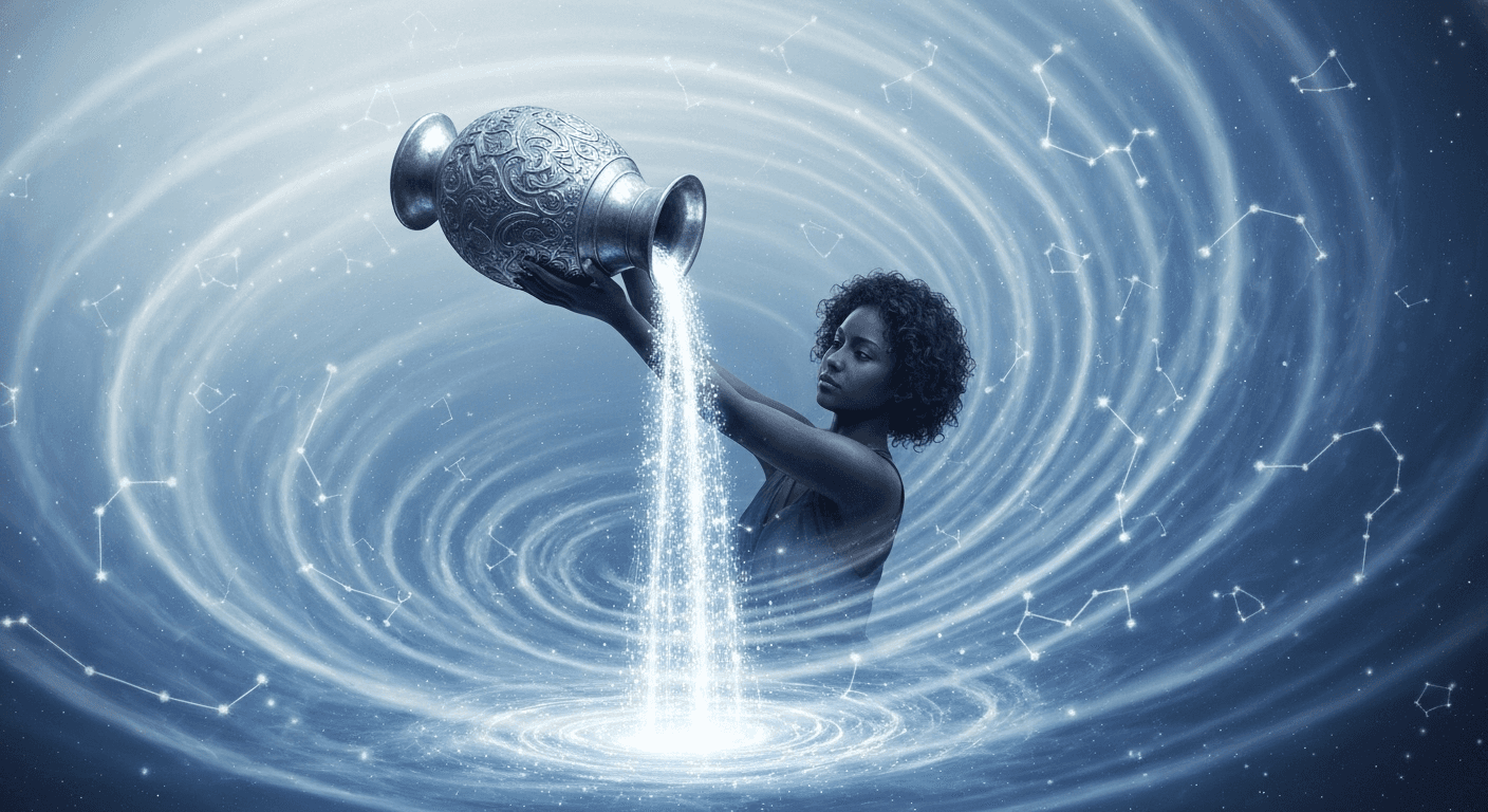 Water bearer pouring starlight from ornate vessel. Water bearer pouring starlight from ornate vessel.