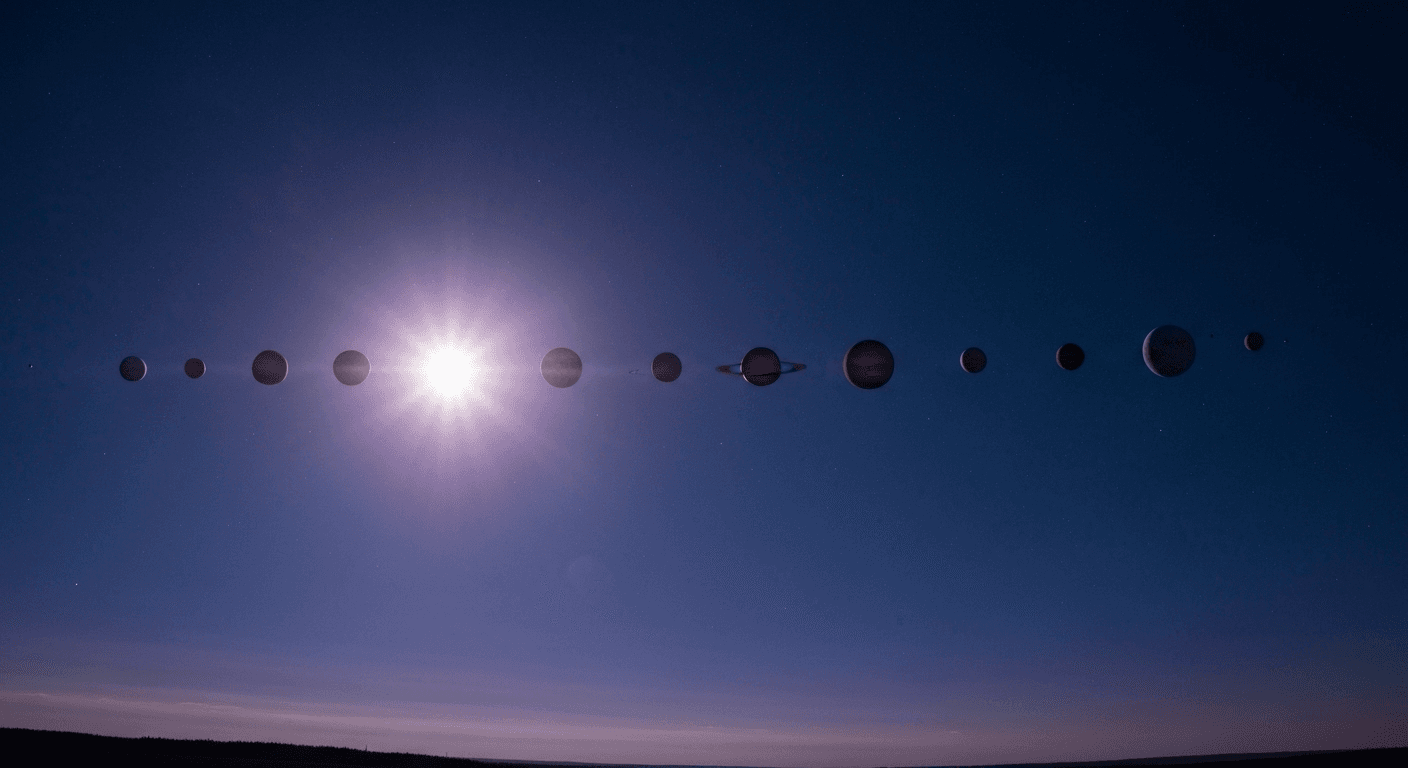Night sky with sun, moon, planetary alignment. Night sky with sun, moon, planetary alignment.