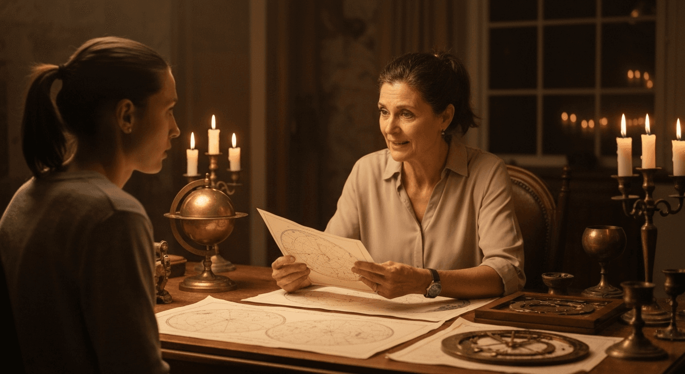 Person consulting astrologer over birth chart calculations. Person consulting astrologer over birth chart calculations.