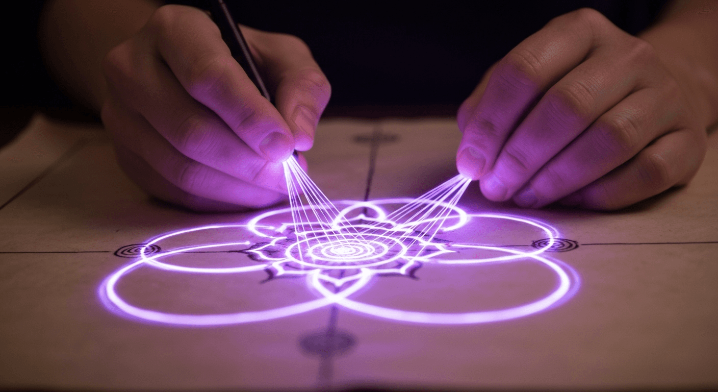 Hands drawing glowing chakra energy lines on parchment. Hands drawing glowing chakra energy lines on parchment.