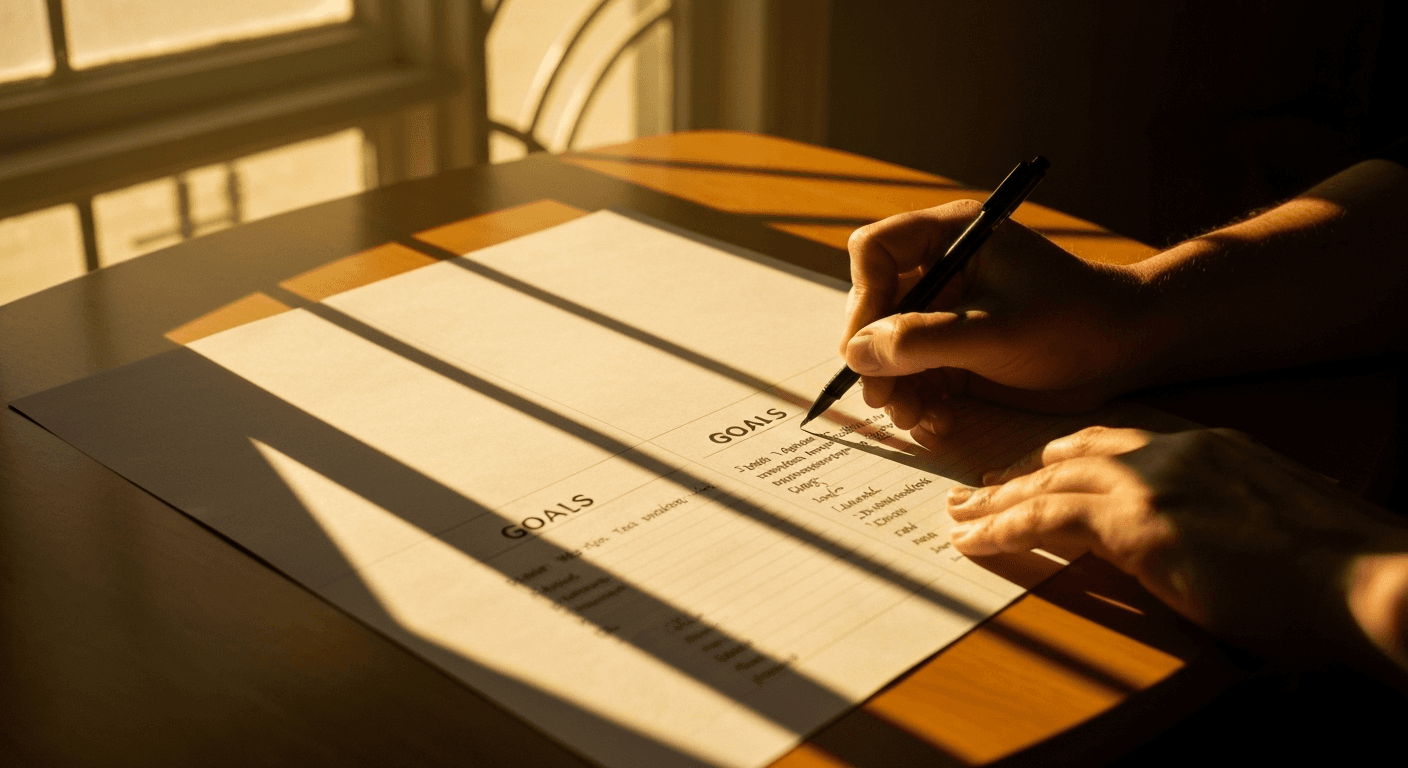 Hands writing goals on paper, golden light streaming. Hands writing goals on paper, golden light streaming.