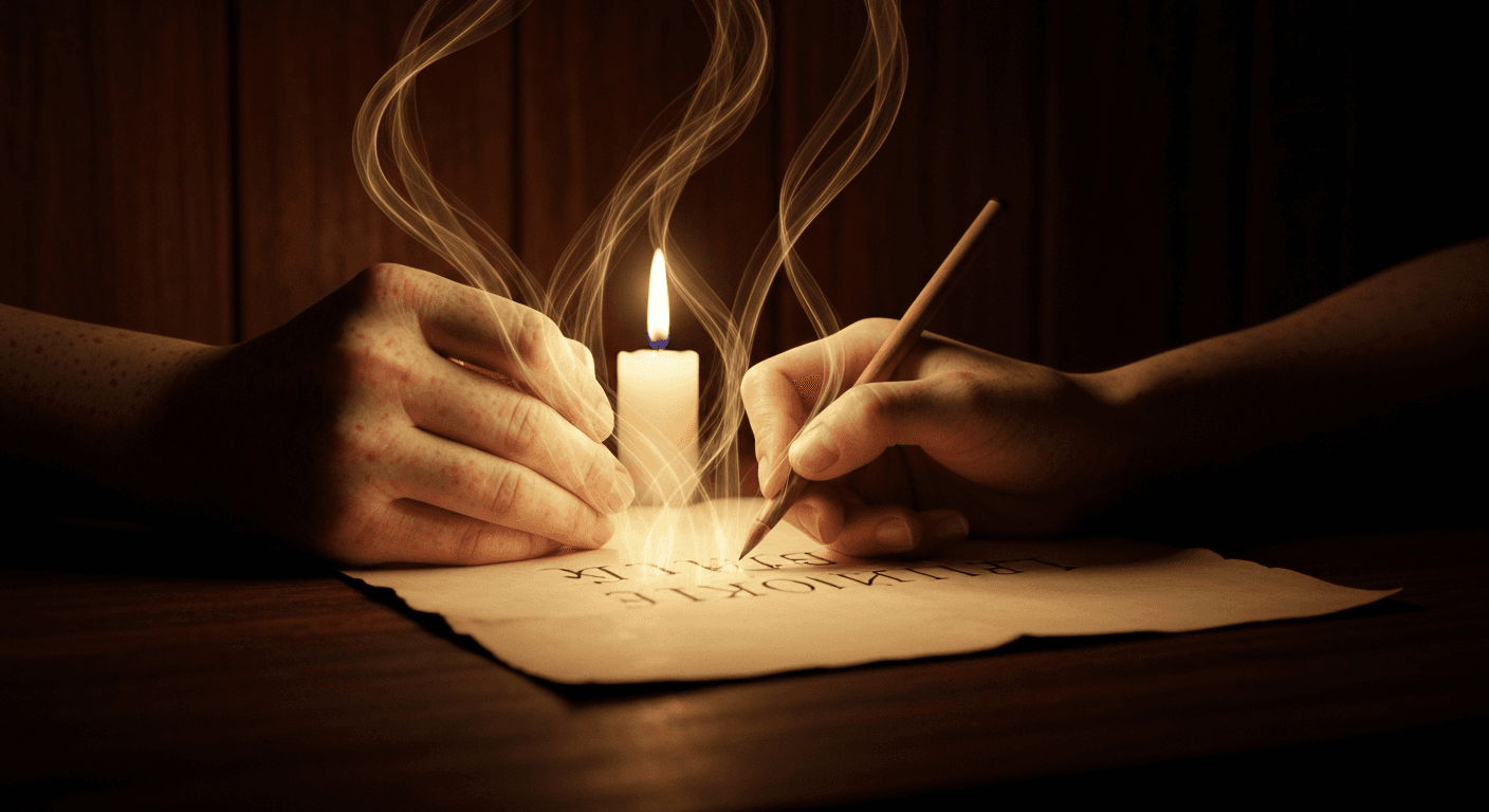 Hands writing on paper under candlelight wisps. Hands writing on paper under candlelight wisps.