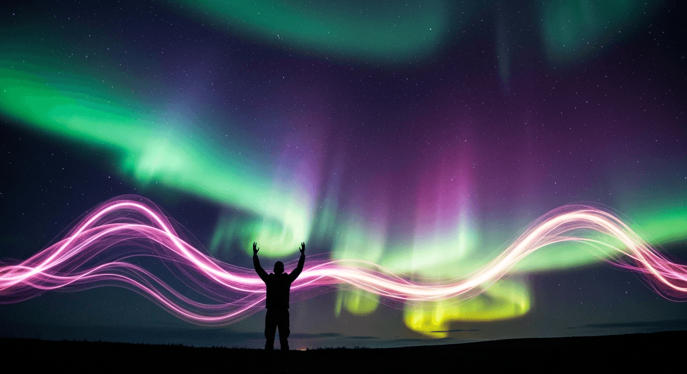 Person silhouetted against aurora borealis, arms raised. Person silhouetted against aurora borealis, arms raised.