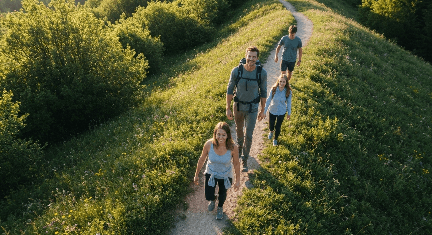 Aerial view family hiking trail natural leadership. Aerial view family hiking trail natural leadership.