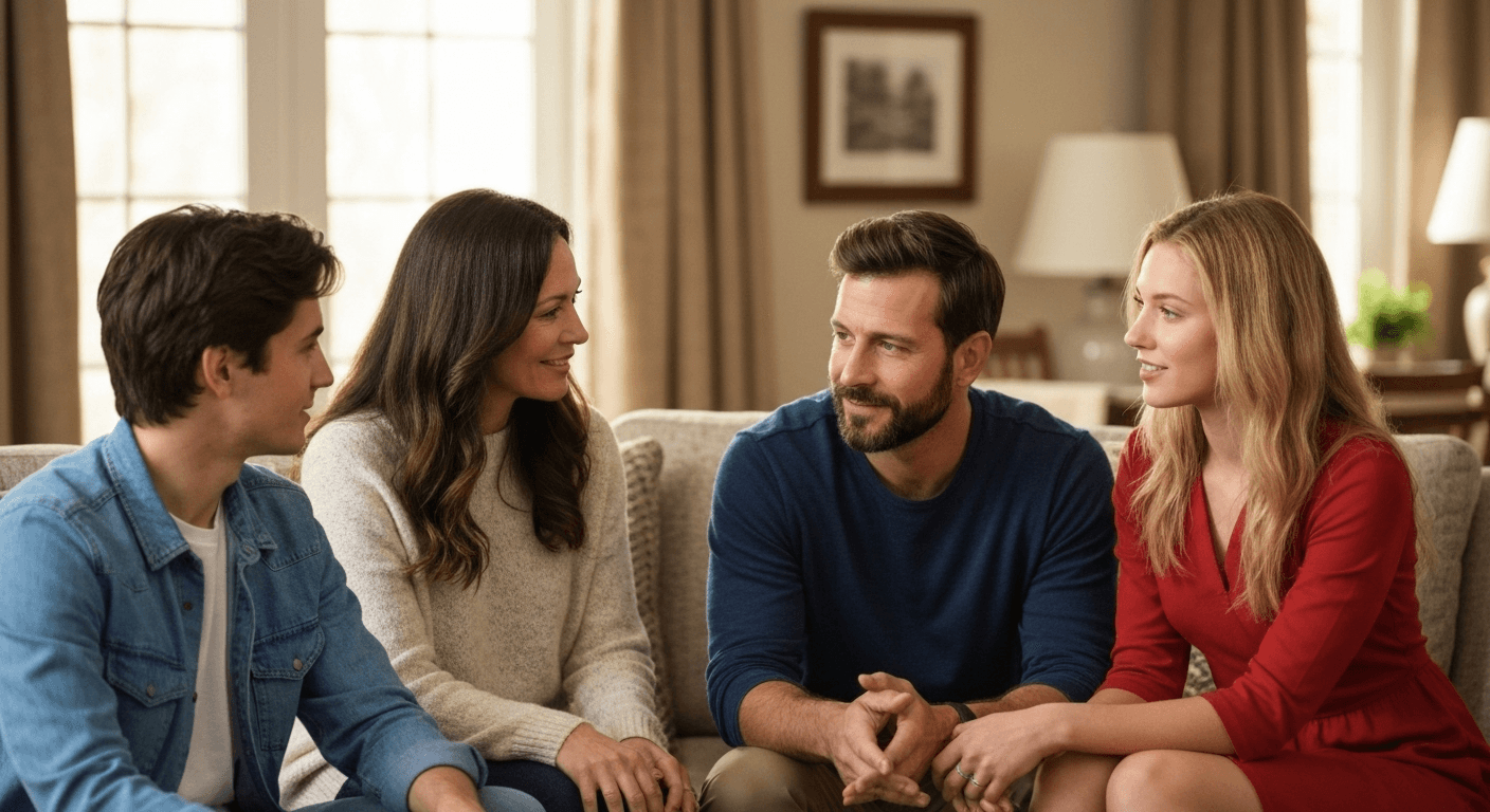 Family of four sharing intimate living room conversation. Family of four sharing intimate living room conversation.