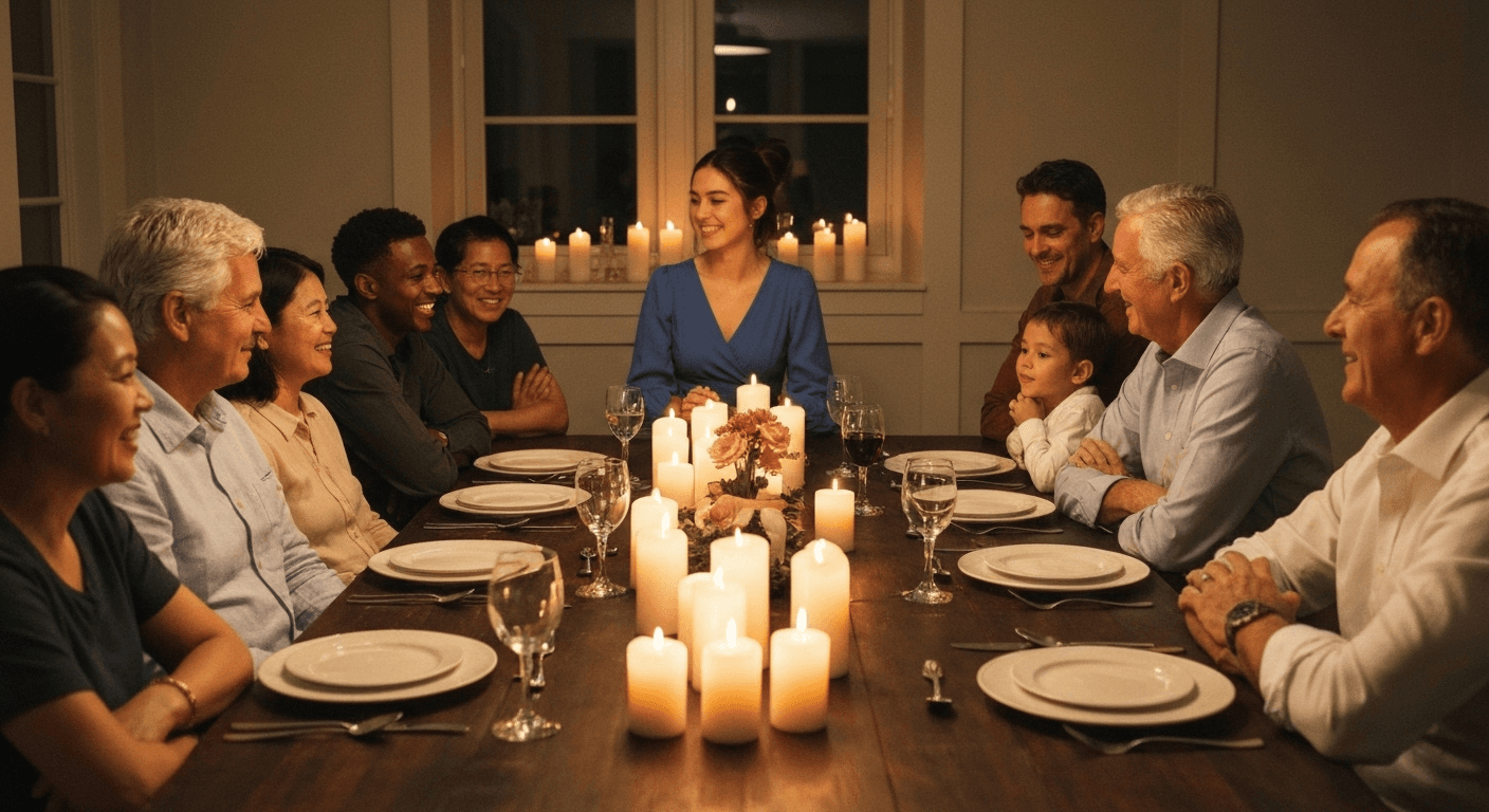 Family gathering around dinner table with candlelight. Family gathering around dinner table with candlelight.