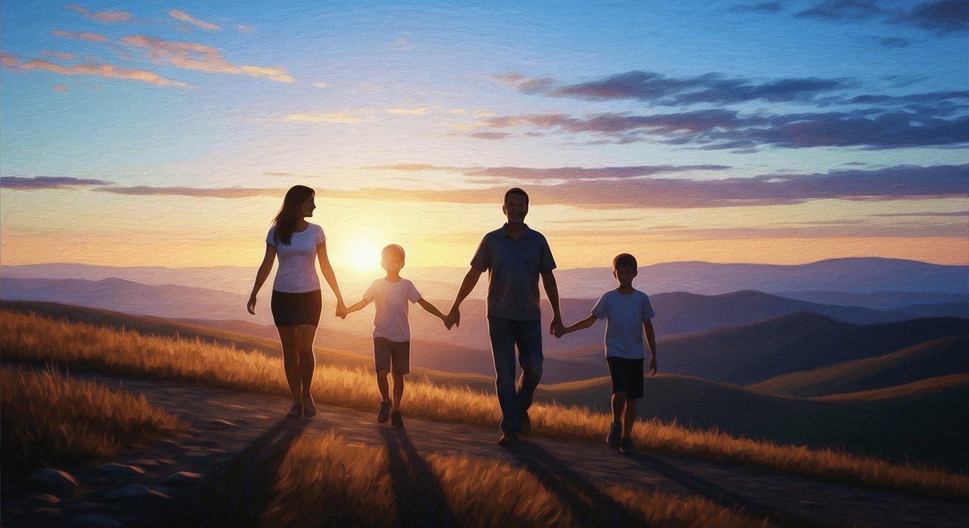 Family silhouettes walking hillside path at sunset. Family silhouettes walking hillside path at sunset.