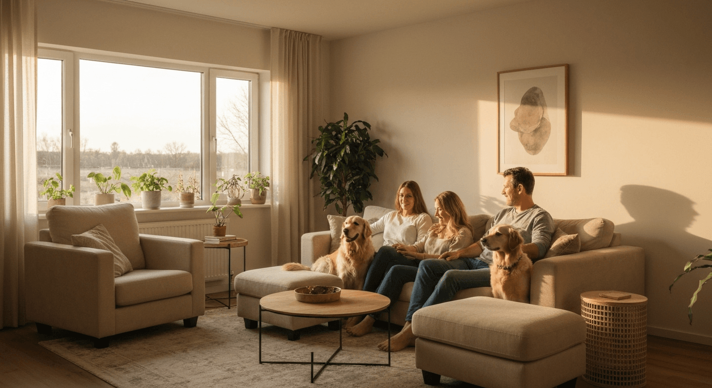 Family sitting together in sunlit living room. Family sitting together in sunlit living room.
