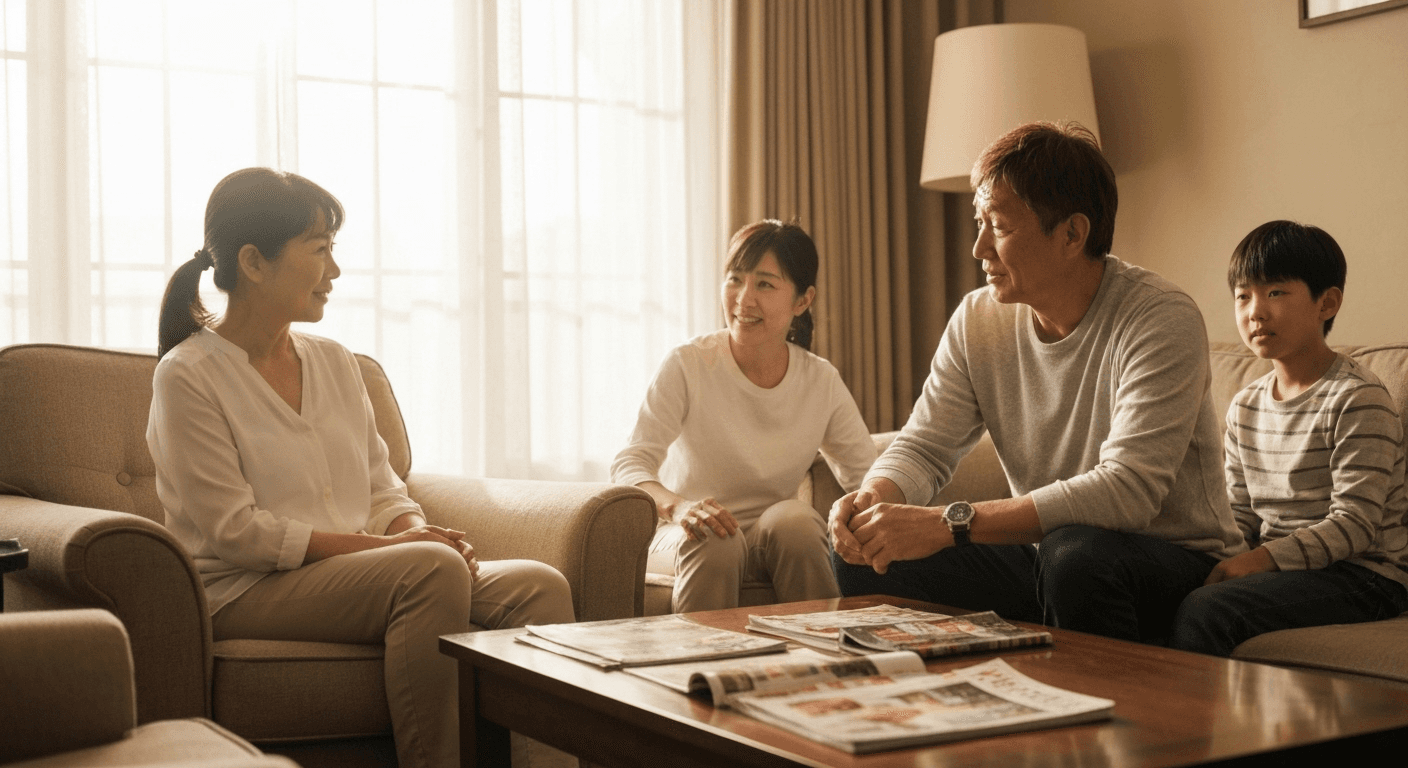 Family together in sunlit living room peacefully. Family together in sunlit living room peacefully.