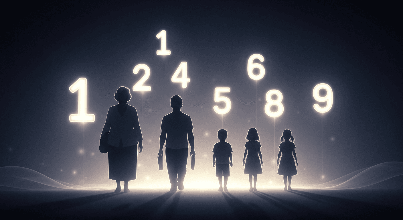 Glowing numbers floating above family silhouettes illustration. Glowing numbers floating above family silhouettes illustration.