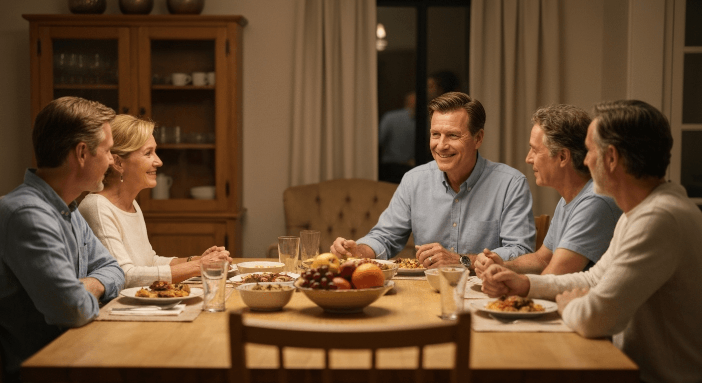 Multi-generational family gathered around dinner table together. Multi-generational family gathered around dinner table together.