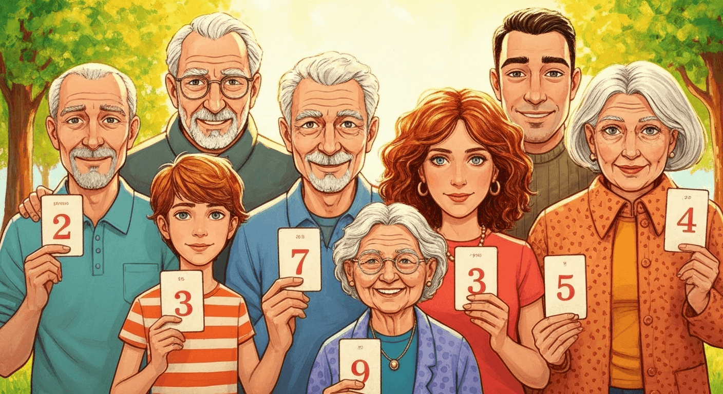 Multi-generational family holding numbered cards outdoors painted. Multi-generational family holding numbered cards outdoors painted.