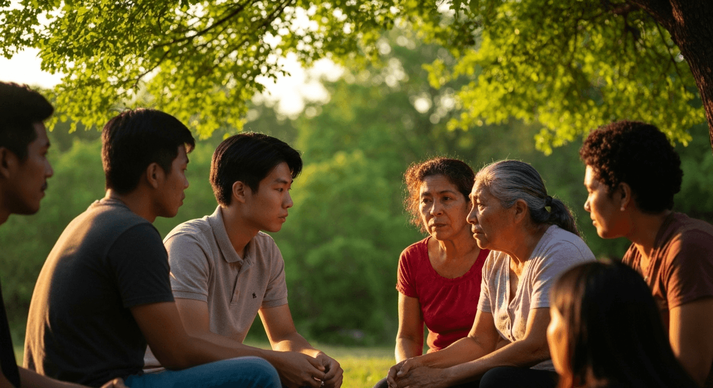People sitting in circle outdoors, golden hour. People sitting in circle outdoors, golden hour.