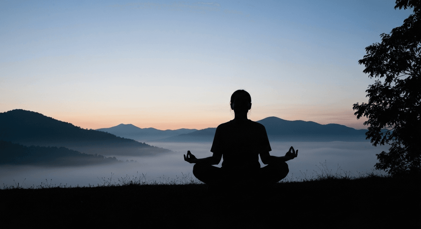 Silhouette meditating at dawn with misty mountains. Silhouette meditating at dawn with misty mountains.