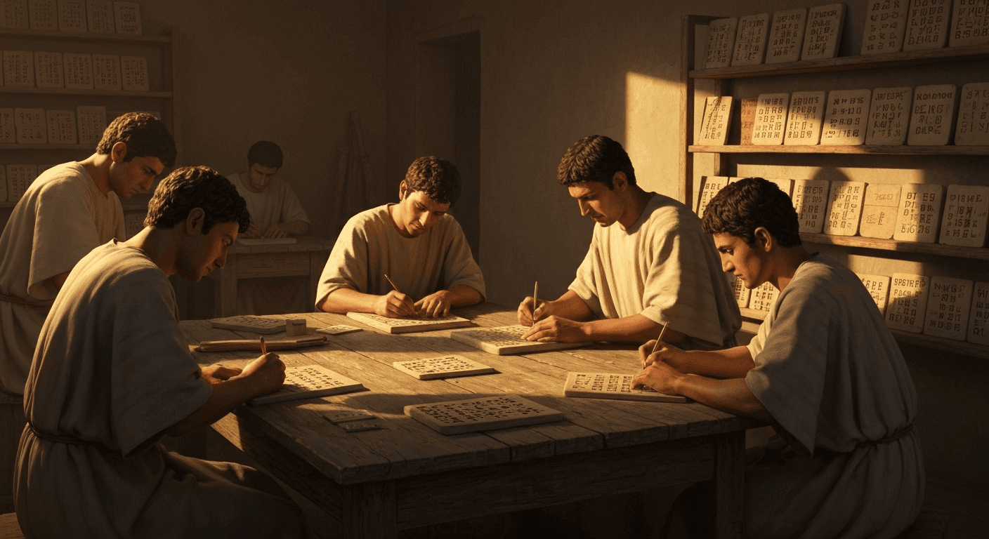 Babylonian mathematicians using cuneiform on clay tablets. Babylonian mathematicians using cuneiform on clay tablets.