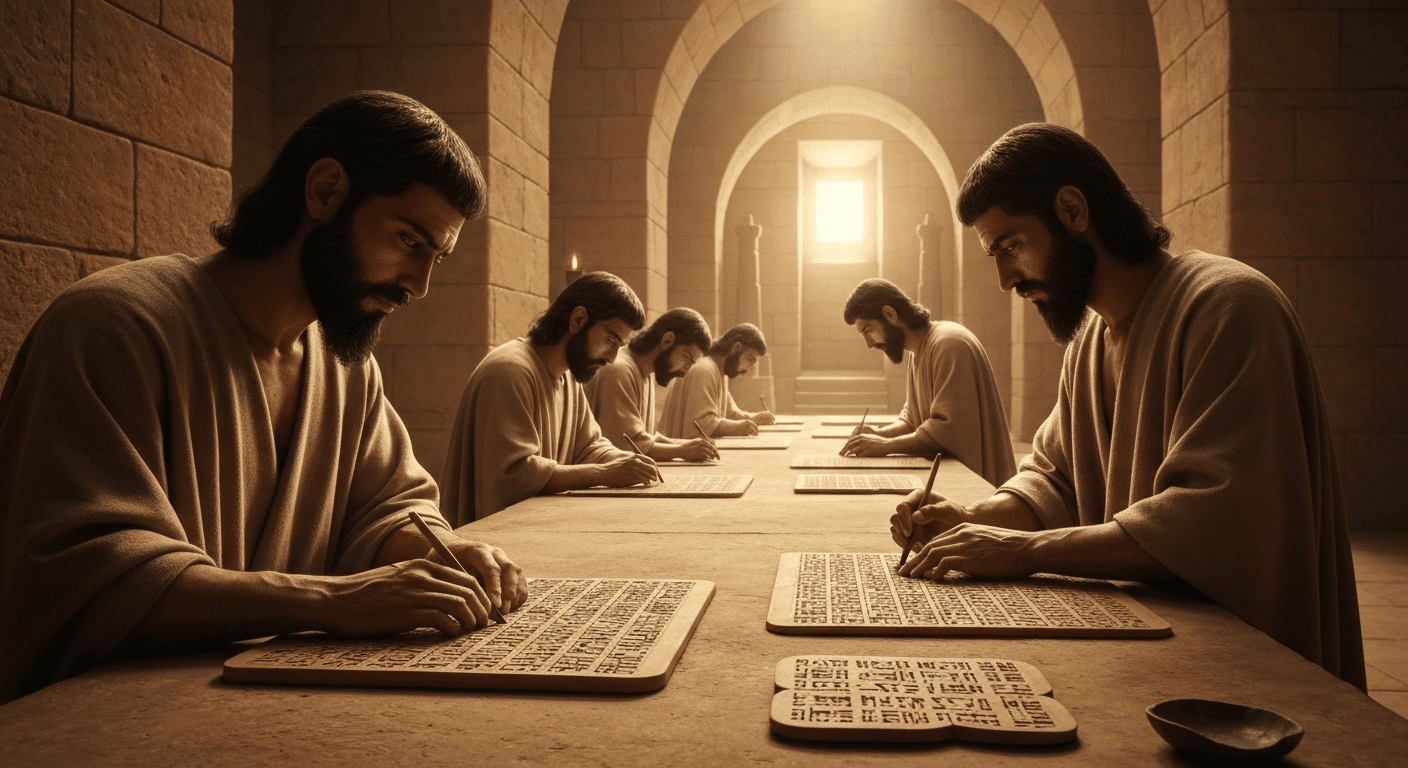 Babylonian scribes writing on clay tablets together. Babylonian scribes writing on clay tablets together.