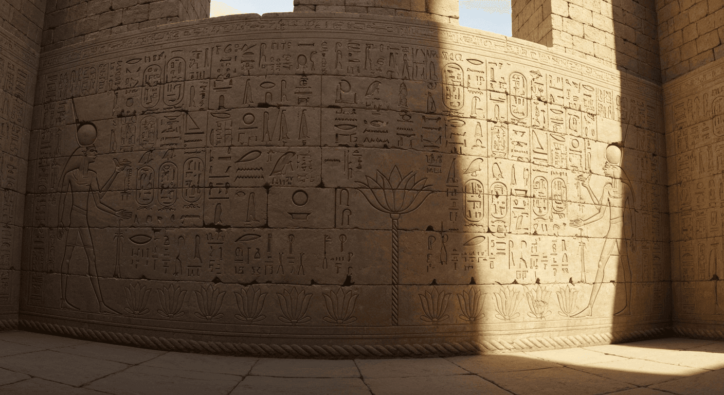 Egyptian temple wall with mathematical hieroglyphs, lotus symbols. Egyptian temple wall with mathematical hieroglyphs, lotus symbols.