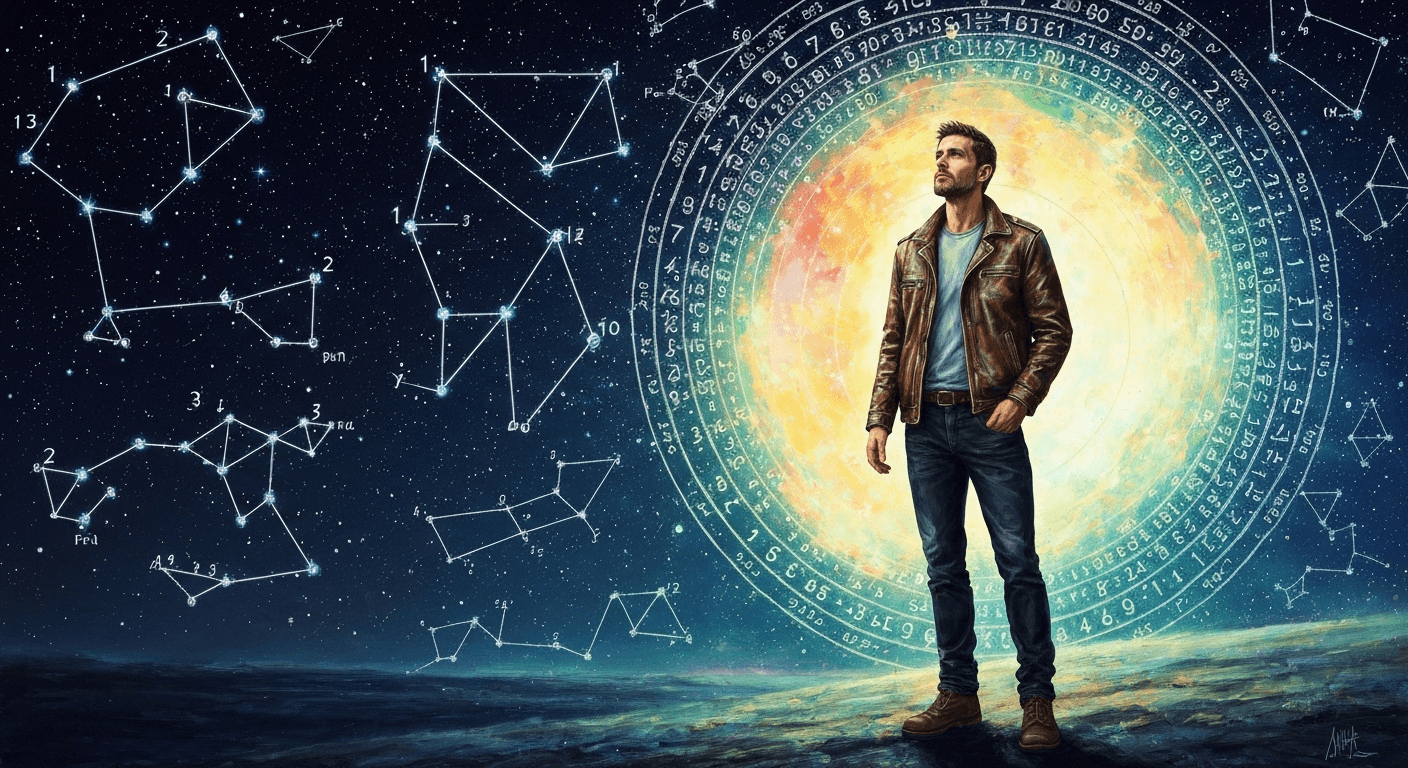 Man gazing at numerical constellation patterns, painted. Man gazing at numerical constellation patterns, painted.