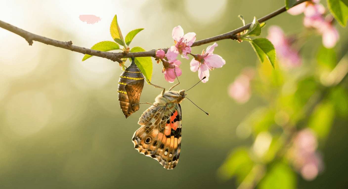 Butterfly emerging from chrysalis on flowering branch. Butterfly emerging from chrysalis on flowering branch.