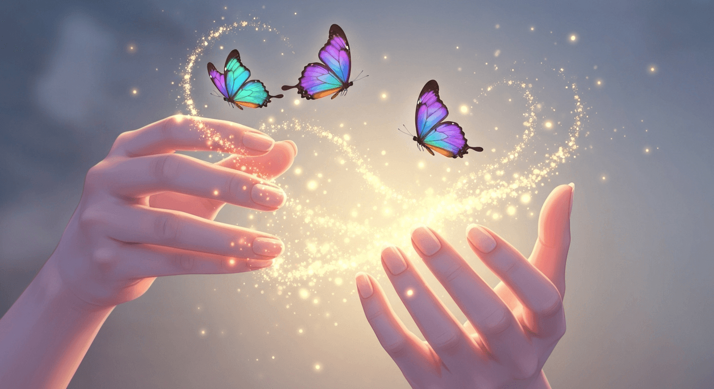 Hands releasing glowing butterflies transforming into light. Hands releasing glowing butterflies transforming into light.