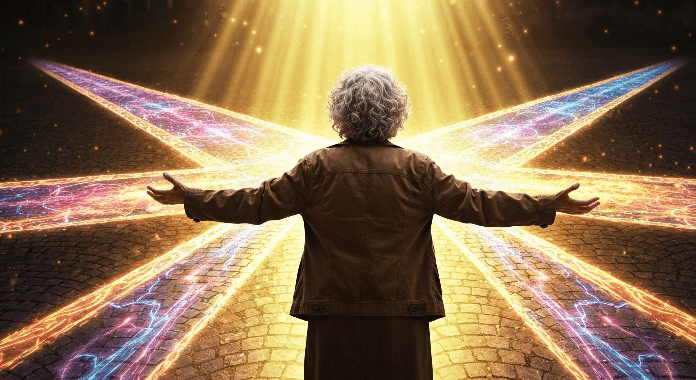 Person at crossroads embracing golden light paths. Person at crossroads embracing golden light paths.