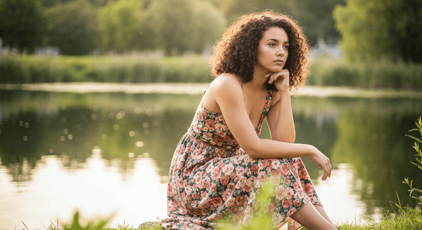 Woman by lake with radiant reflection showing growth. Woman by lake with radiant reflection showing growth.