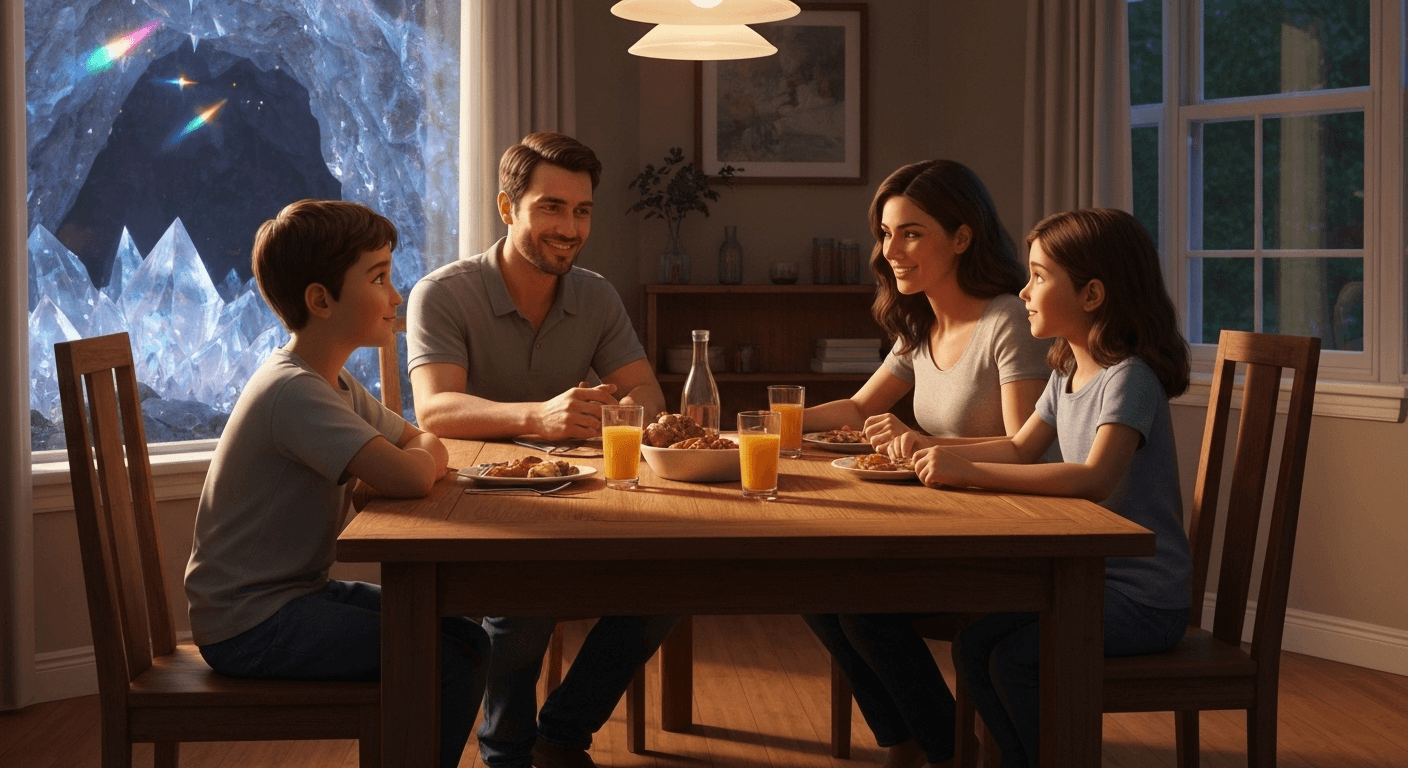 Family gathered around wooden dining table together. Family gathered around wooden dining table together.